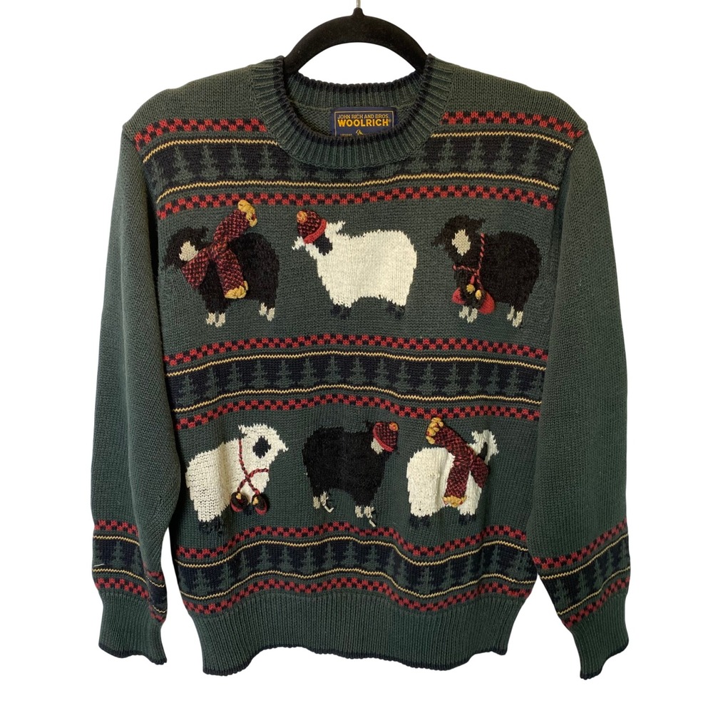 Vintage Woolrich Sheep Sweater Womens Small Forest Green Fair Isle Cottage Cabin